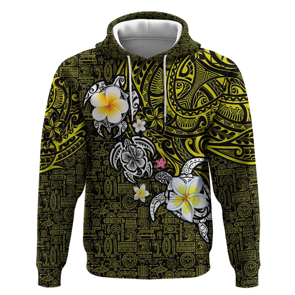 Hawaiian Turtle and Plumeria Zip Hoodie Polynesian Tattoo and Tribal Elements Pattern Yellow Color