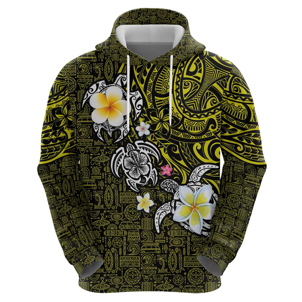 Hawaiian Turtle and Plumeria Zip Hoodie Polynesian Tattoo and Tribal Elements Pattern Yellow Color