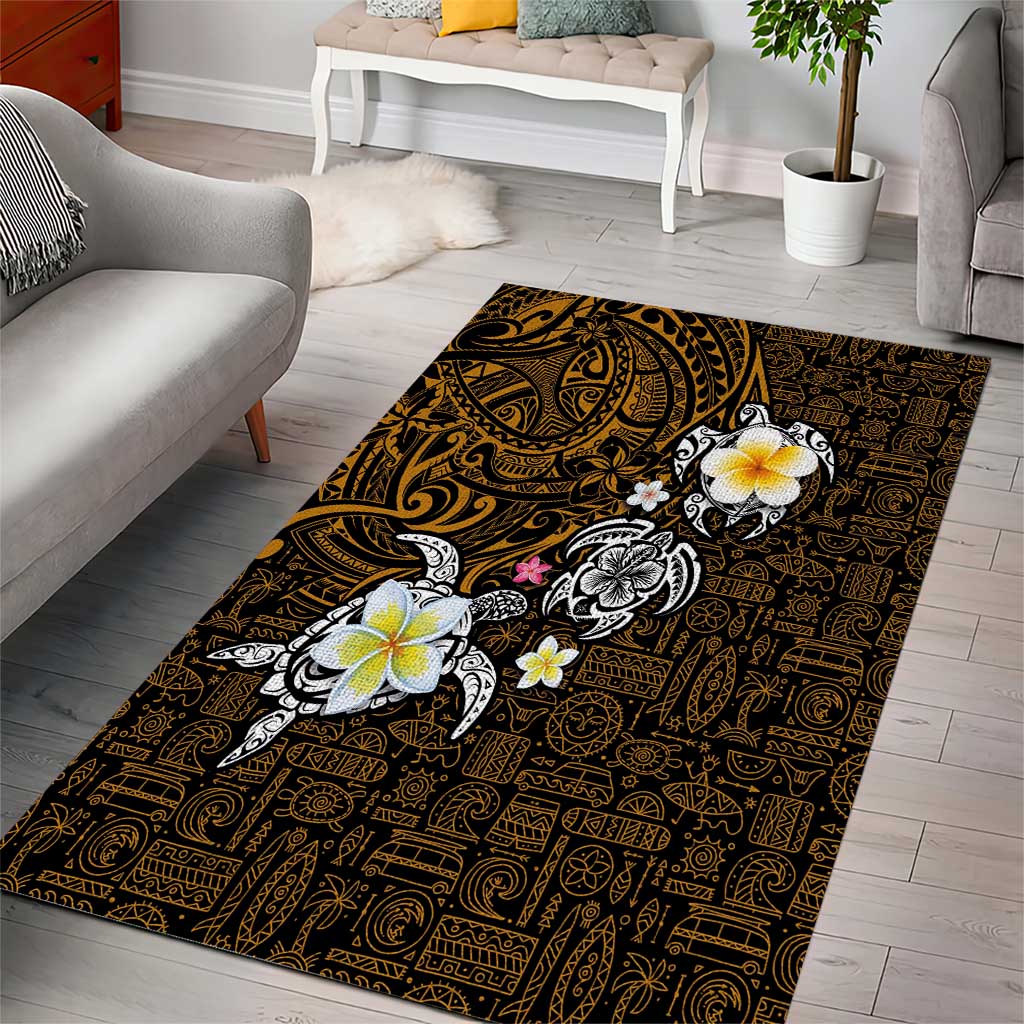 Hawaiian Turtle and Plumeria Area Rug Polynesian Tattoo and Tribal Elements Pattern Orange Color