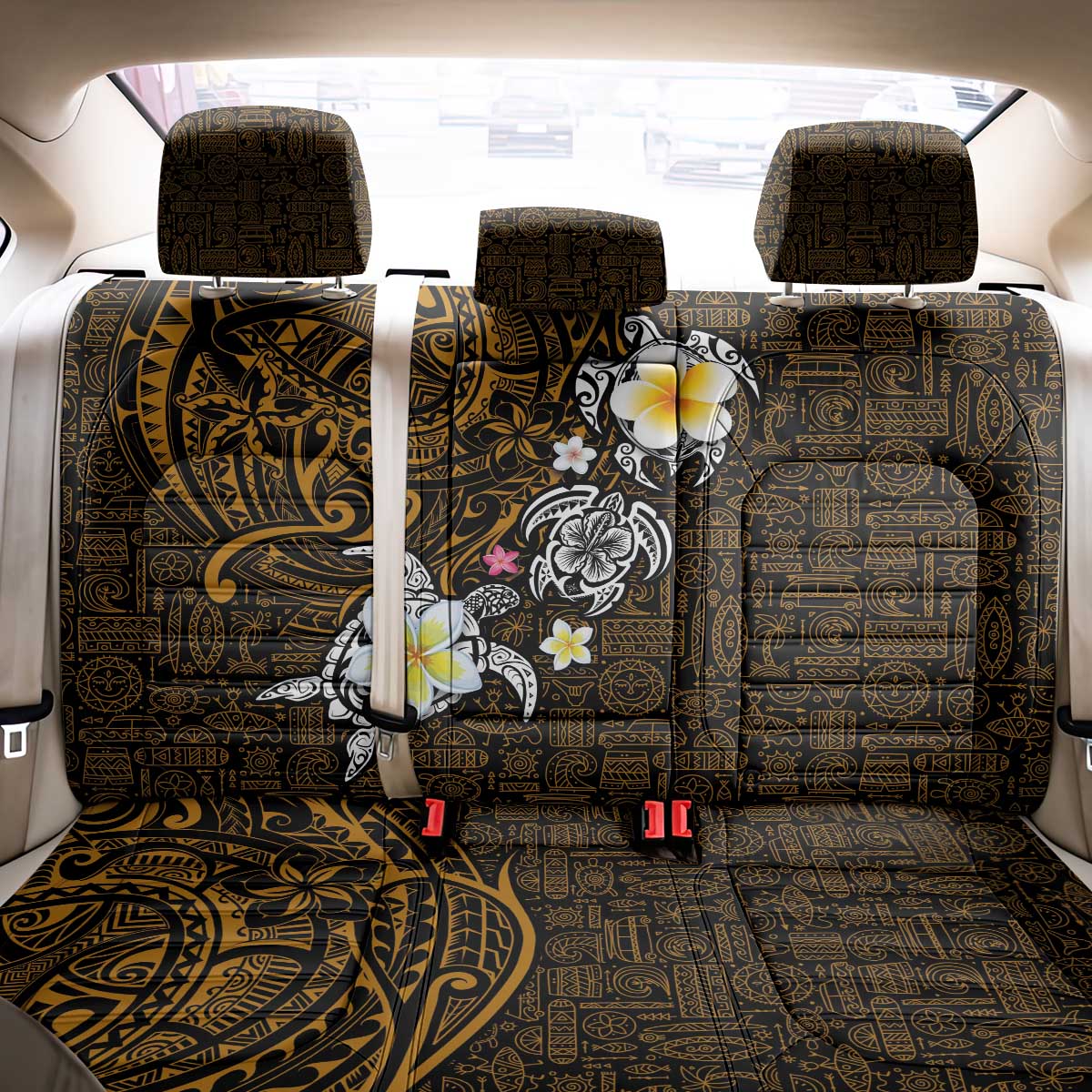 Hawaiian Turtle and Plumeria Back Car Seat Cover Polynesian Tattoo and Tribal Elements Pattern Orange Color LT03 - Polynesian Pride