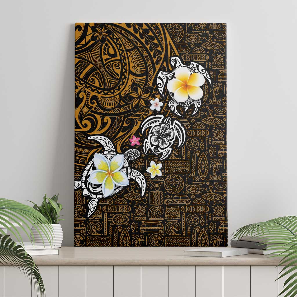 Hawaiian Turtle and Plumeria Canvas Wall Art Polynesian Tattoo and Tribal Elements Pattern Orange Color