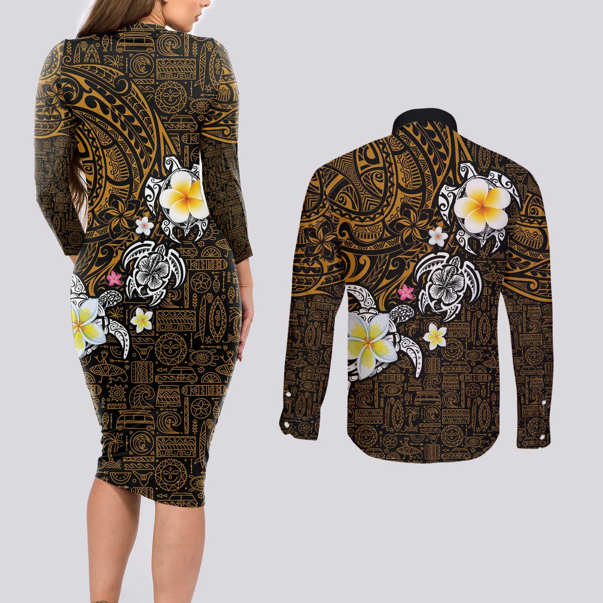 Hawaiian Turtle and Plumeria Couples Matching Long Sleeve Bodycon Dress and Long Sleeve Button Shirt Polynesian Tattoo and Tribal Elements Pattern Orange Color