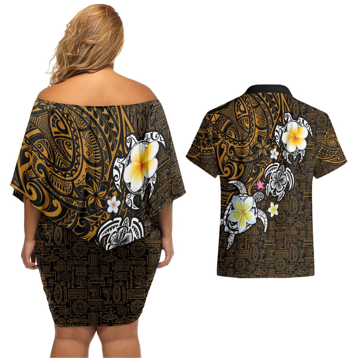 Hawaiian Turtle and Plumeria Couples Matching Off Shoulder Short Dress and Hawaiian Shirt Polynesian Tattoo and Tribal Elements Pattern Orange Color