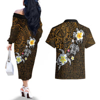 Hawaiian Turtle and Plumeria Couples Matching Off The Shoulder Long Sleeve Dress and Hawaiian Shirt Polynesian Tattoo and Tribal Elements Pattern Orange Color