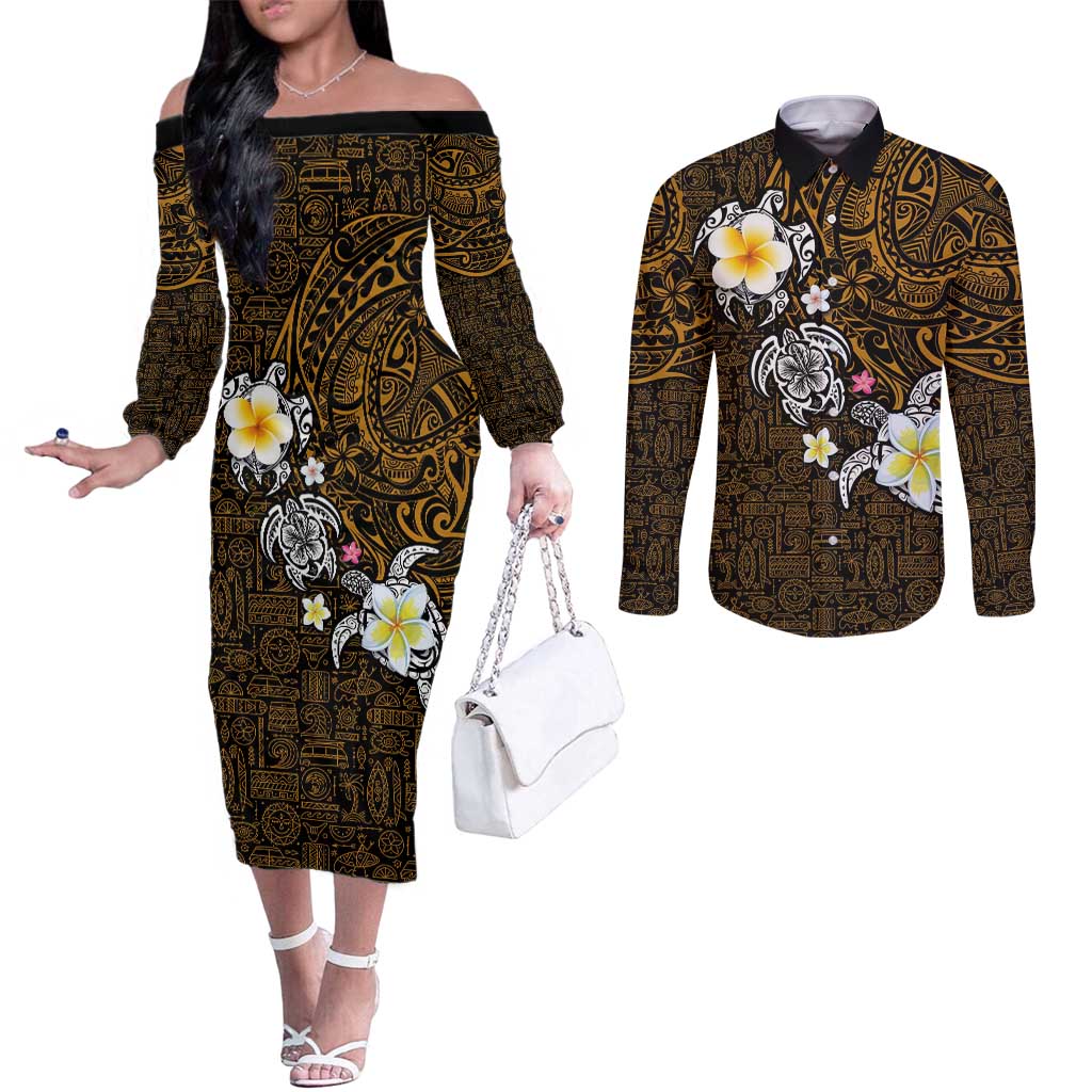Hawaiian Turtle and Plumeria Couples Matching Off The Shoulder Long Sleeve Dress and Long Sleeve Button Shirt Polynesian Tattoo and Tribal Elements Pattern Orange Color LT03 Orange - Polynesian Pride