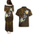 Hawaiian Turtle and Plumeria Couples Matching Puletasi and Hawaiian Shirt Polynesian Tattoo and Tribal Elements Pattern Orange Color