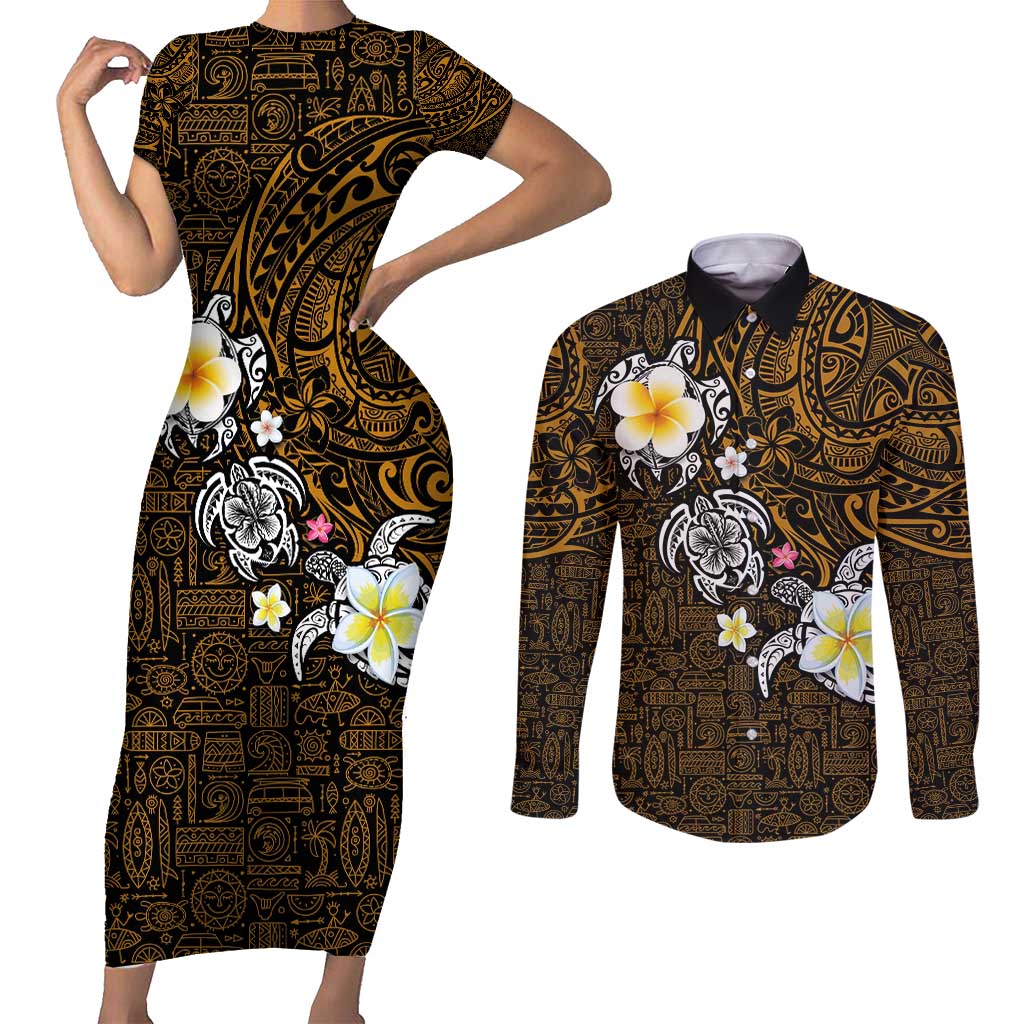 Hawaiian Turtle and Plumeria Couples Matching Short Sleeve Bodycon Dress and Long Sleeve Button Shirt Polynesian Tattoo and Tribal Elements Pattern Orange Color LT03 Orange - Polynesian Pride