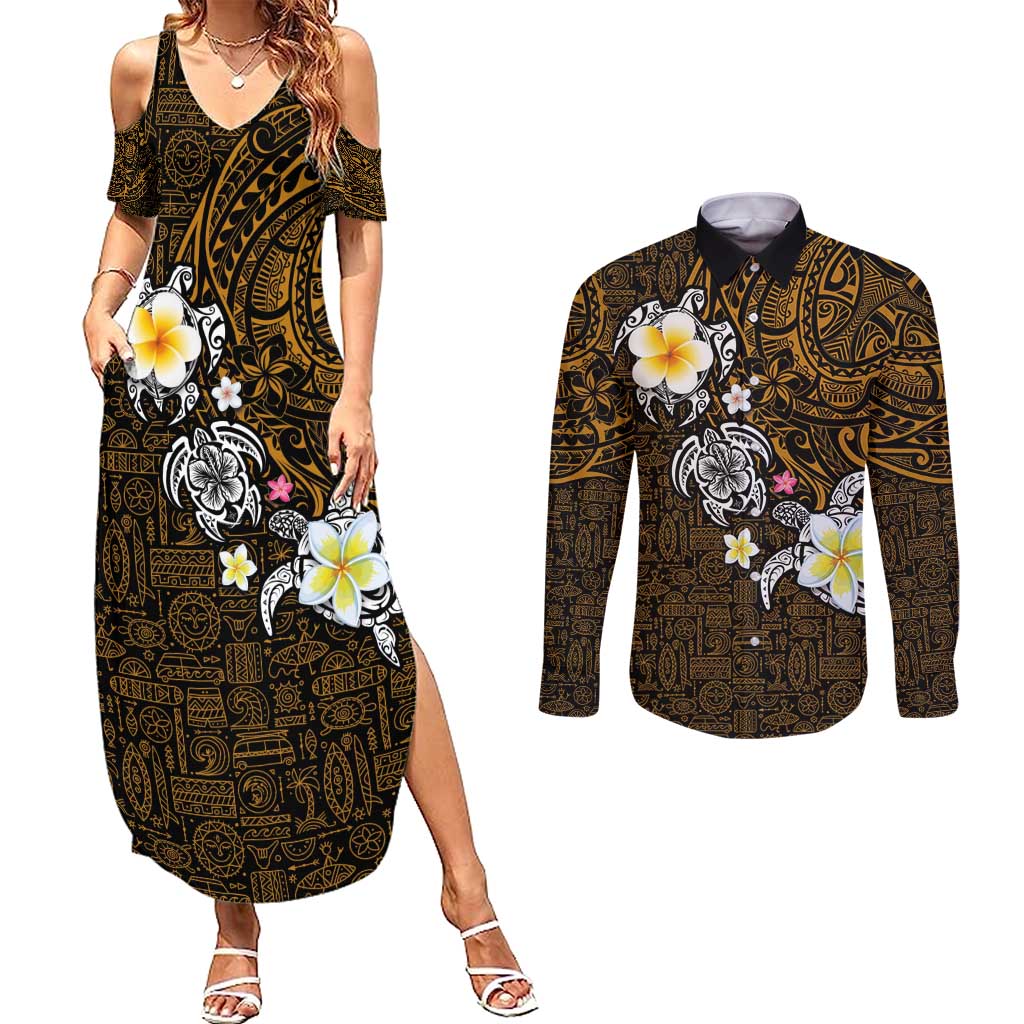 Hawaiian Turtle and Plumeria Couples Matching Summer Maxi Dress and Long Sleeve Button Shirt Polynesian Tattoo and Tribal Elements Pattern Orange Color LT03 Orange - Polynesian Pride