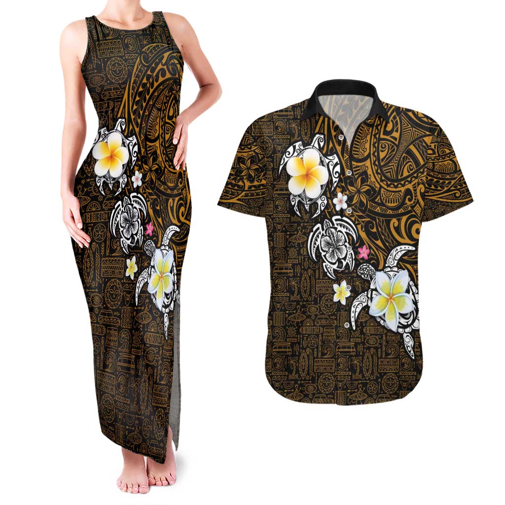Hawaiian Turtle and Plumeria Couples Matching Tank Maxi Dress and Hawaiian Shirt Polynesian Tattoo and Tribal Elements Pattern Orange Color LT03 Orange - Polynesian Pride