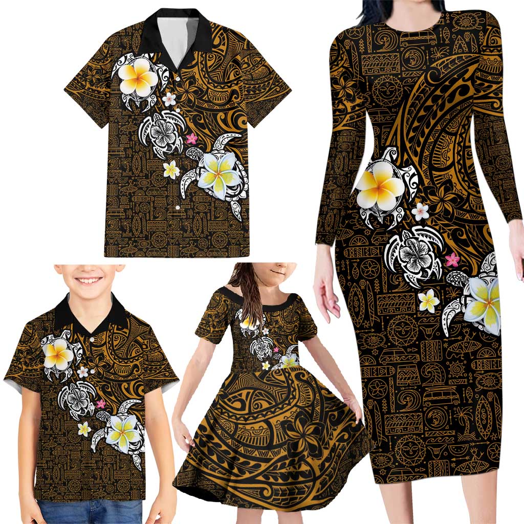 Hawaiian Turtle and Plumeria Family Matching Long Sleeve Bodycon Dress and Hawaiian Shirt Polynesian Tattoo and Tribal Elements Pattern Orange Color LT03 - Polynesian Pride