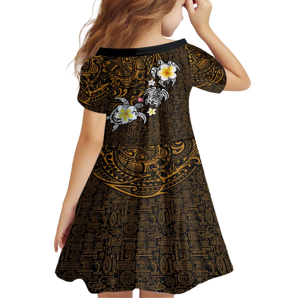 Hawaiian Turtle and Plumeria Family Matching Off The Shoulder Long Sleeve Dress and Hawaiian Shirt Polynesian Tattoo and Tribal Elements Pattern Orange Color LT03 - Polynesian Pride