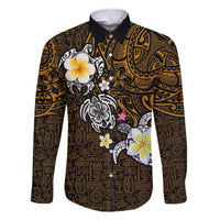 Hawaiian Turtle and Plumeria Family Matching Off The Shoulder Long Sleeve Dress and Hawaiian Shirt Polynesian Tattoo and Tribal Elements Pattern Orange Color LT03 Dad's Shirt - Long Sleeve Orange - Polynesian Pride