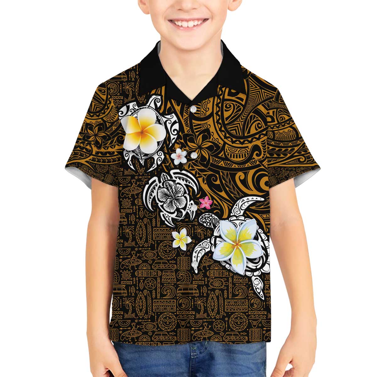 Hawaiian Turtle and Plumeria Family Matching Off The Shoulder Long Sleeve Dress and Hawaiian Shirt Polynesian Tattoo and Tribal Elements Pattern Orange Color LT03 Son's Shirt Orange - Polynesian Pride