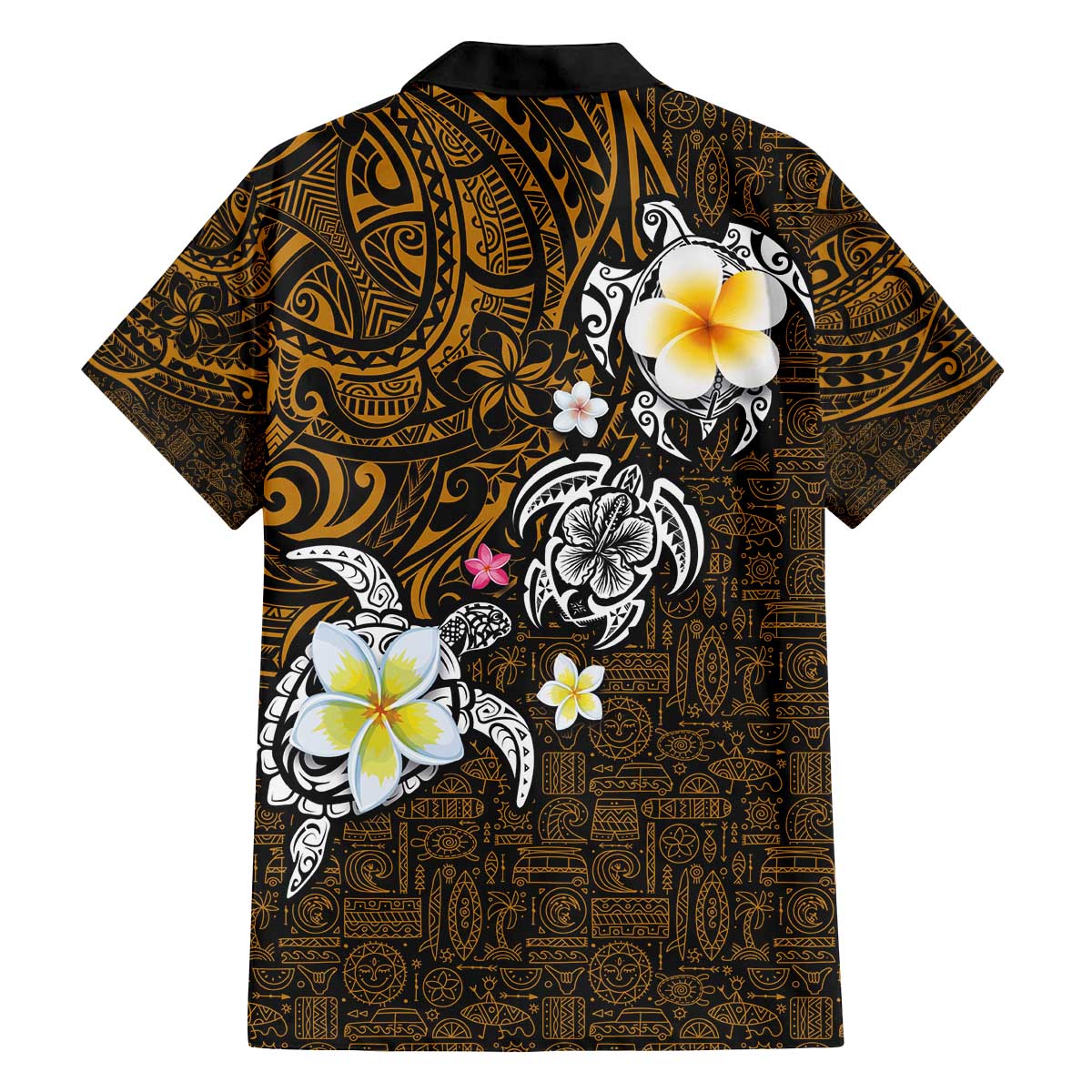 Hawaiian Turtle and Plumeria Family Matching Off Shoulder Short Dress and Hawaiian Shirt Polynesian Tattoo and Tribal Elements Pattern Orange Color
