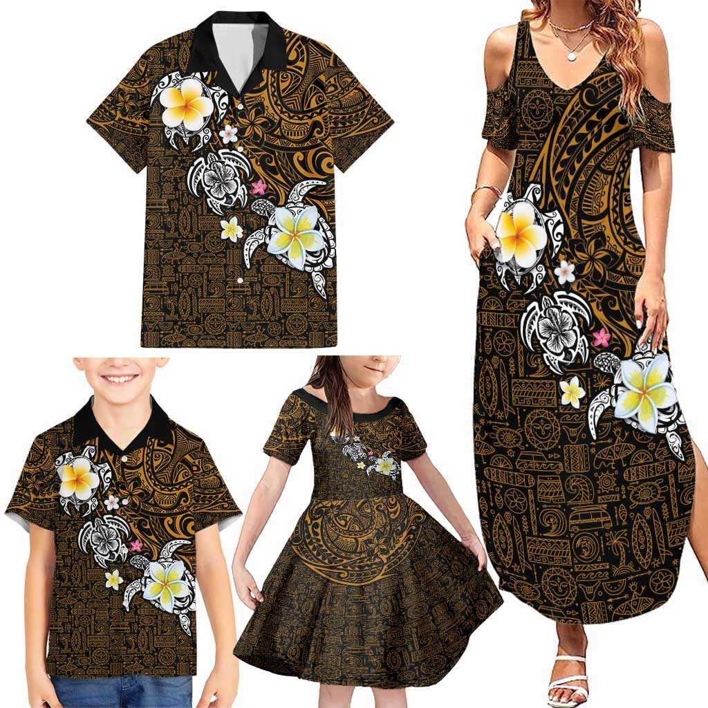Hawaiian Turtle and Plumeria Family Matching Summer Maxi Dress and Hawaiian Shirt Polynesian Tattoo and Tribal Elements Pattern Orange Color LT03 - Polynesian Pride