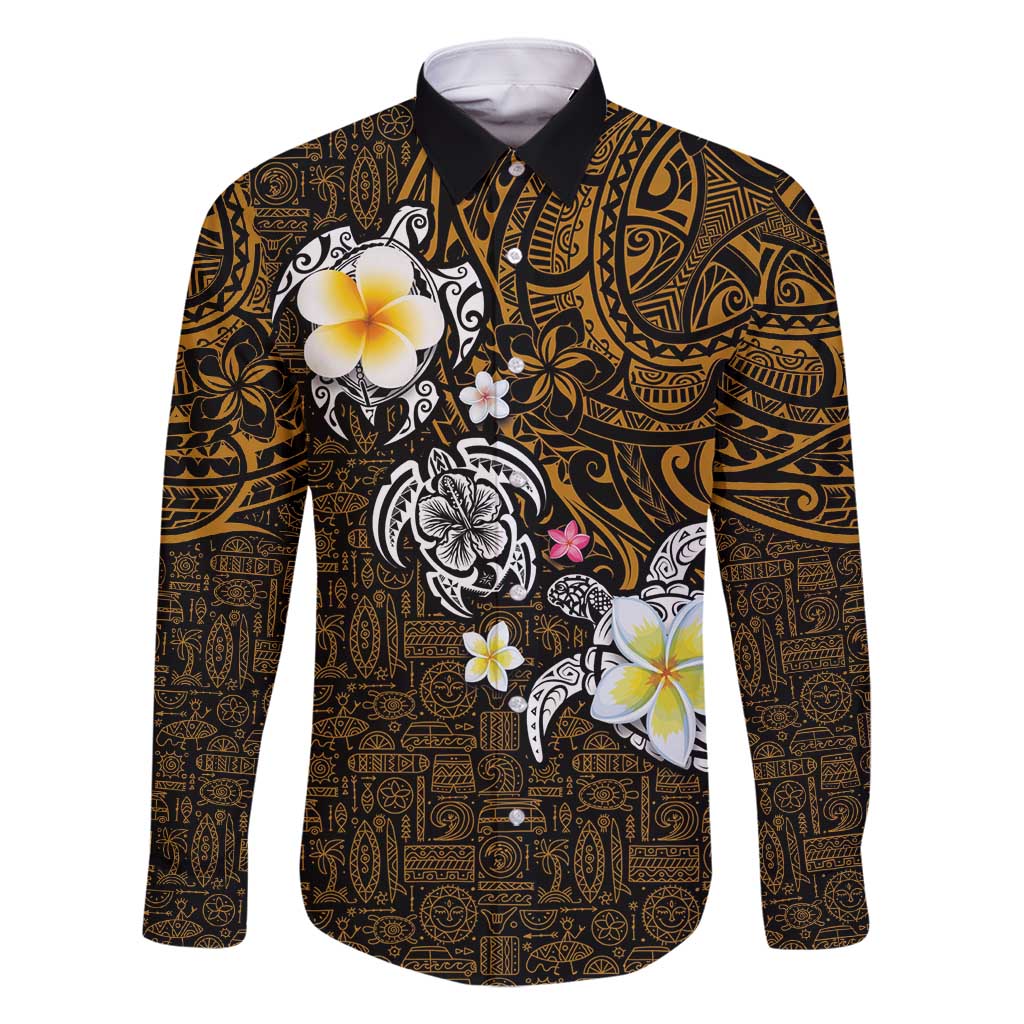 Hawaiian Turtle and Plumeria Family Matching Summer Maxi Dress and Hawaiian Shirt Polynesian Tattoo and Tribal Elements Pattern Orange Color LT03 Dad's Shirt - Long Sleeve Orange - Polynesian Pride