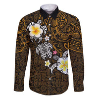 Hawaiian Turtle and Plumeria Family Matching Summer Maxi Dress and Hawaiian Shirt Polynesian Tattoo and Tribal Elements Pattern Orange Color LT03 Dad's Shirt - Long Sleeve Orange - Polynesian Pride