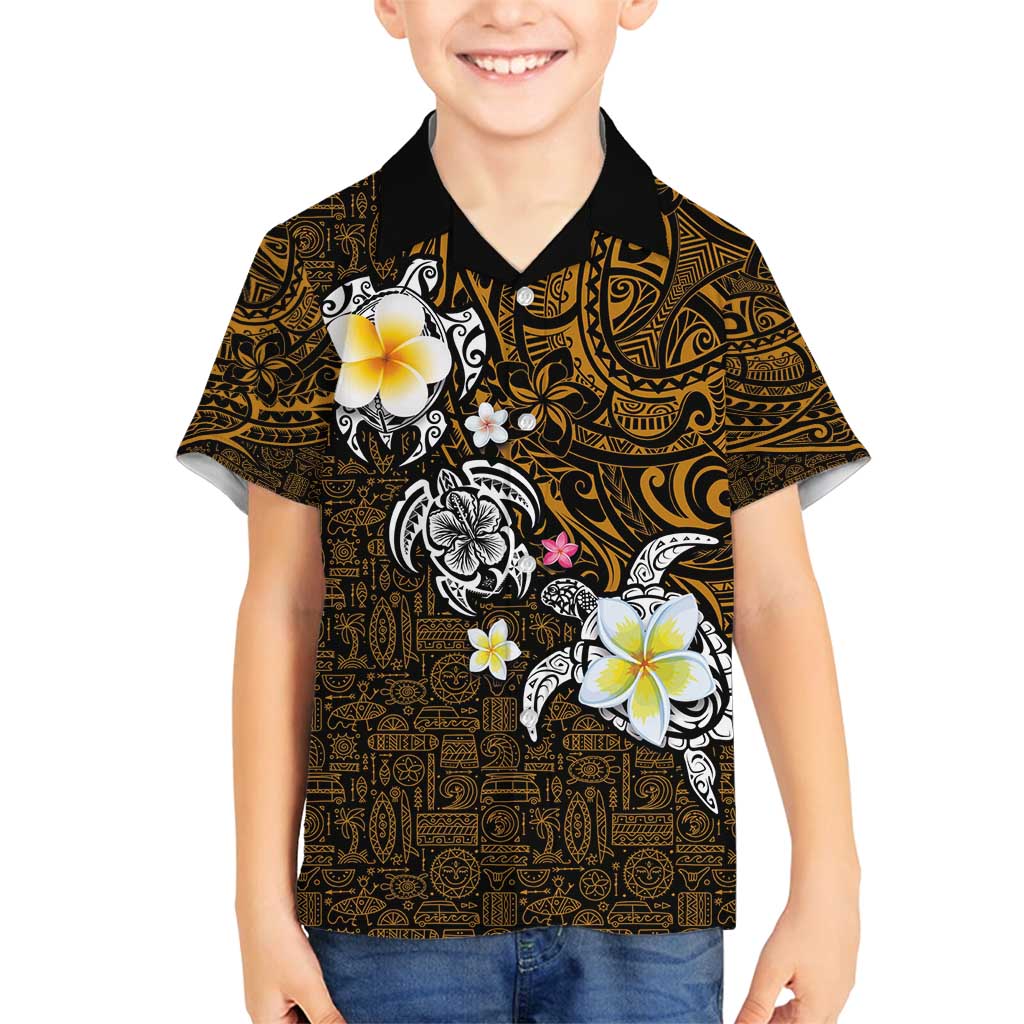 Hawaiian Turtle and Plumeria Family Matching Summer Maxi Dress and Hawaiian Shirt Polynesian Tattoo and Tribal Elements Pattern Orange Color LT03 Son's Shirt Orange - Polynesian Pride