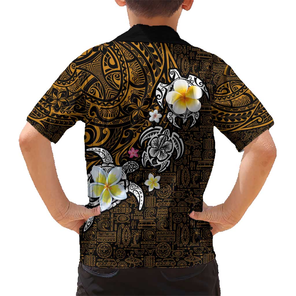 Hawaiian Turtle and Plumeria Kid Hawaiian Shirt Polynesian Tattoo and Tribal Elements Pattern Orange Color