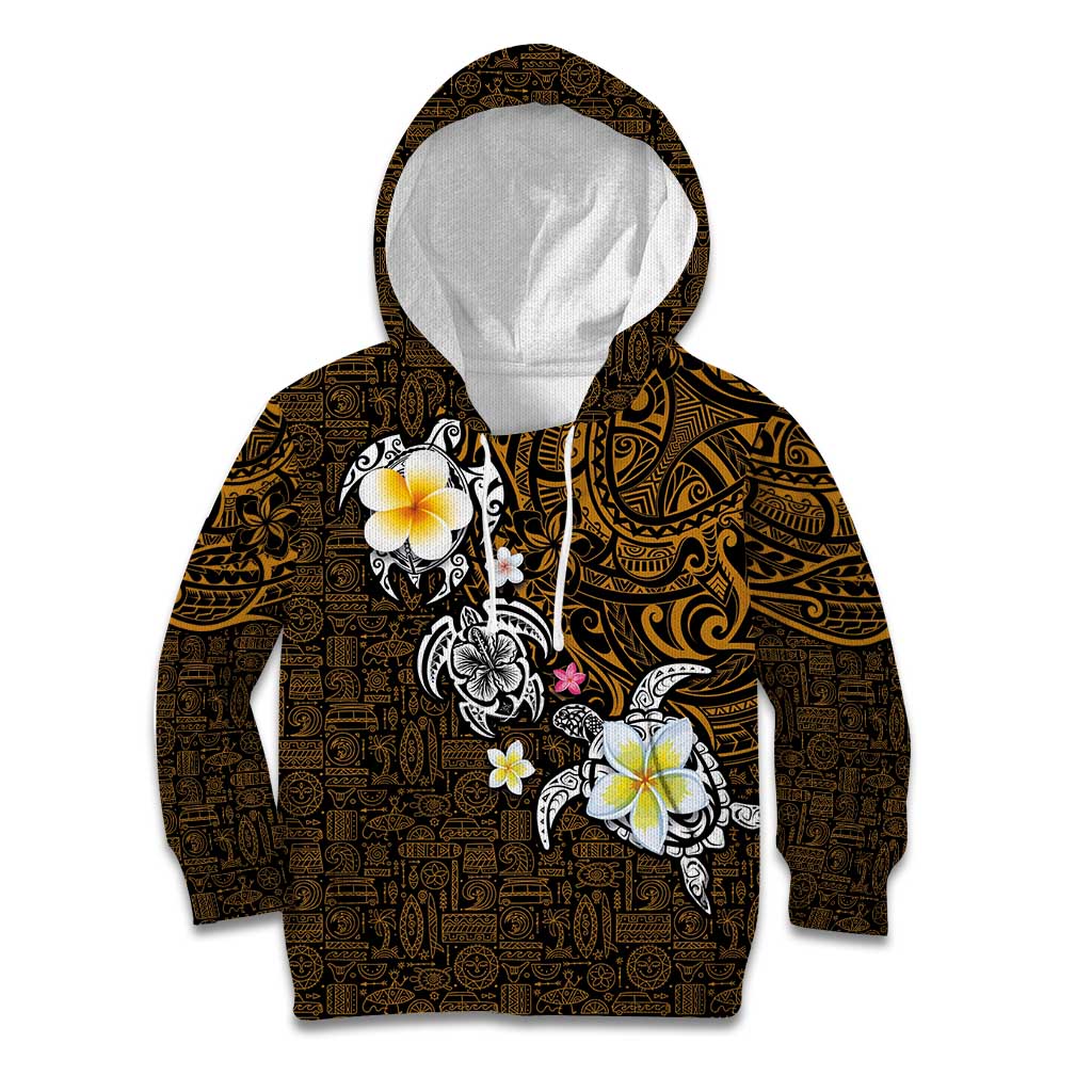 Hawaiian Turtle and Plumeria Kid Hoodie Polynesian Tattoo and Tribal Elements Pattern Orange Color