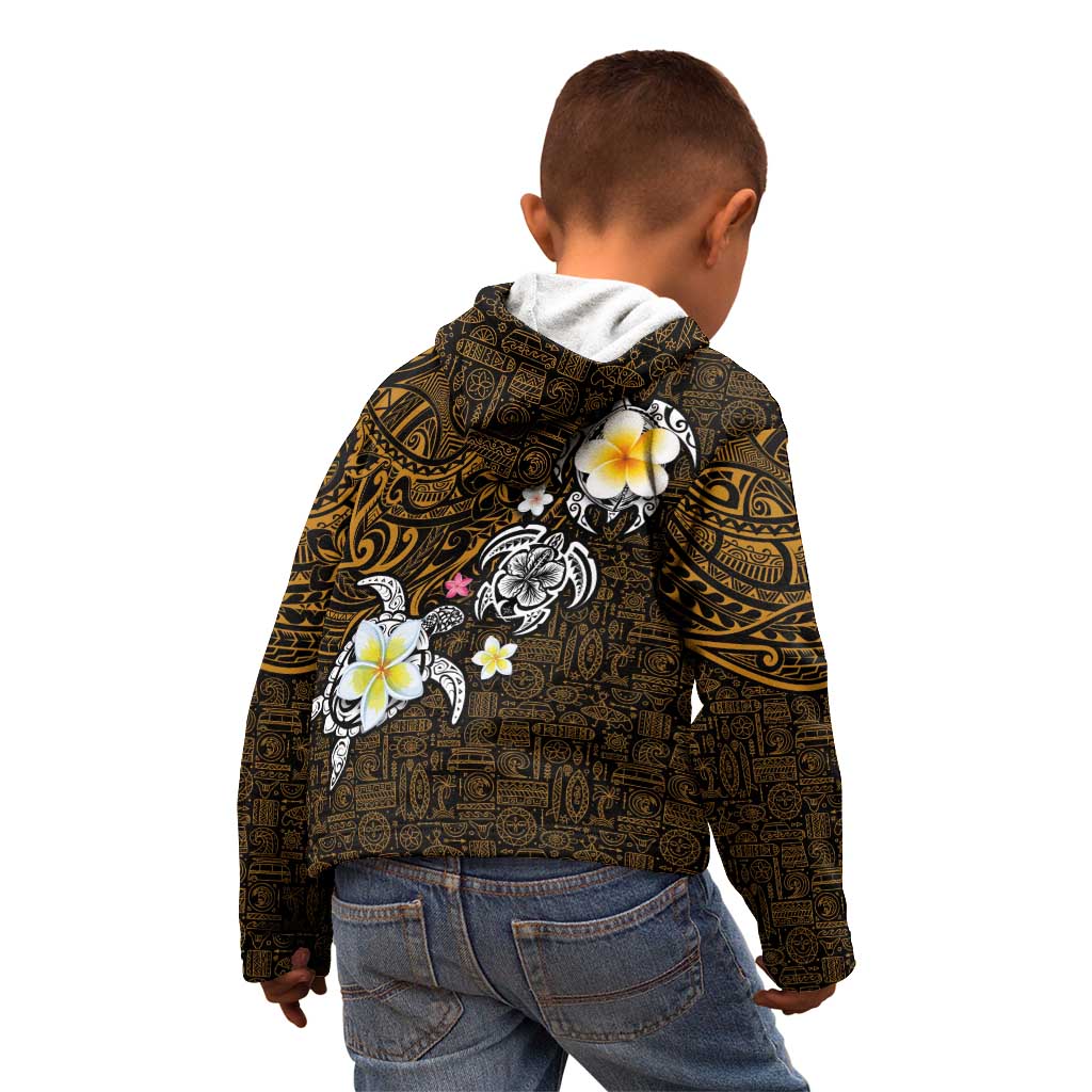 Hawaiian Turtle and Plumeria Kid Hoodie Polynesian Tattoo and Tribal Elements Pattern Orange Color