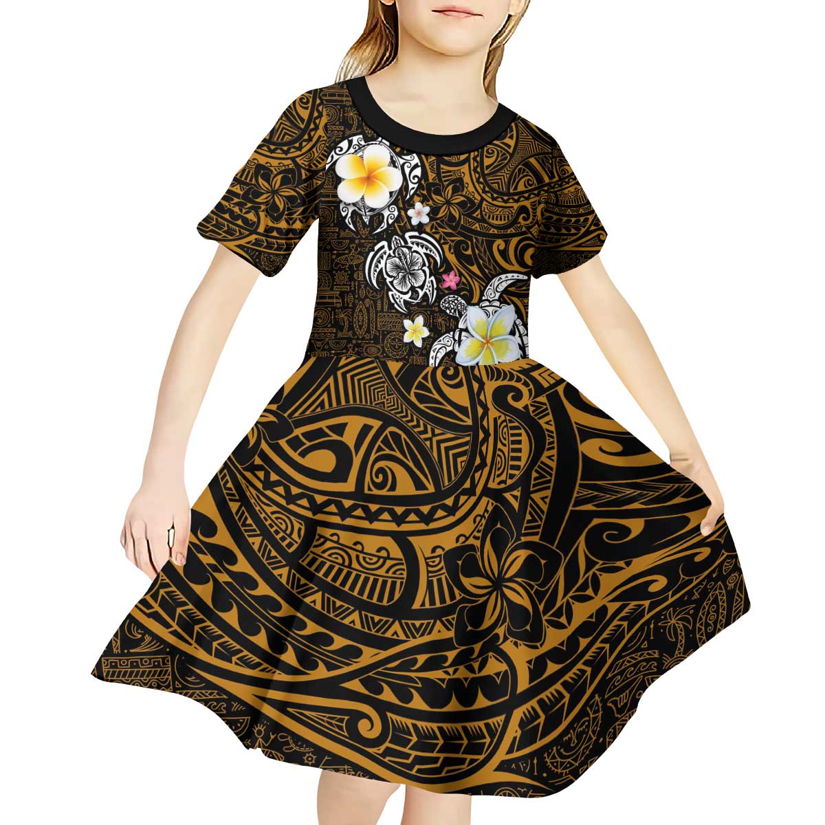 Hawaiian Turtle and Plumeria Kid Short Sleeve Dress Polynesian Tattoo and Tribal Elements Pattern Orange Color