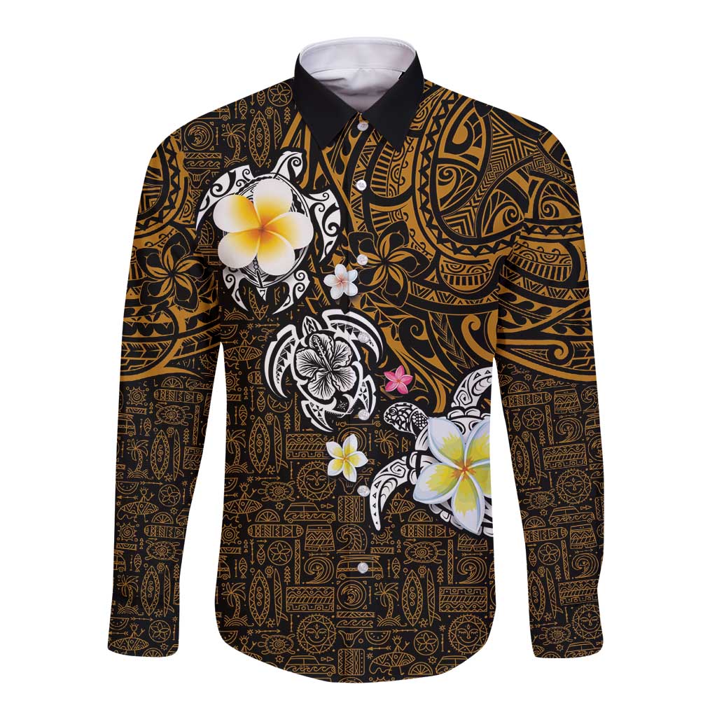 Hawaiian Turtle and Plumeria Long Sleeve Button Shirt Polynesian Tattoo and Tribal Elements Pattern Orange Color LT03 Unisex Orange - Polynesian Pride