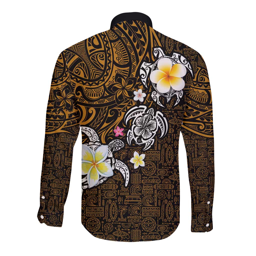 Hawaiian Turtle and Plumeria Long Sleeve Button Shirt Polynesian Tattoo and Tribal Elements Pattern Orange Color LT03 - Polynesian Pride