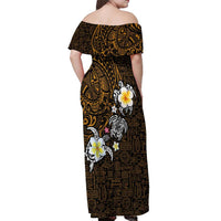 Hawaiian Turtle and Plumeria Off Shoulder Maxi Dress Polynesian Tattoo and Tribal Elements Pattern Orange Color