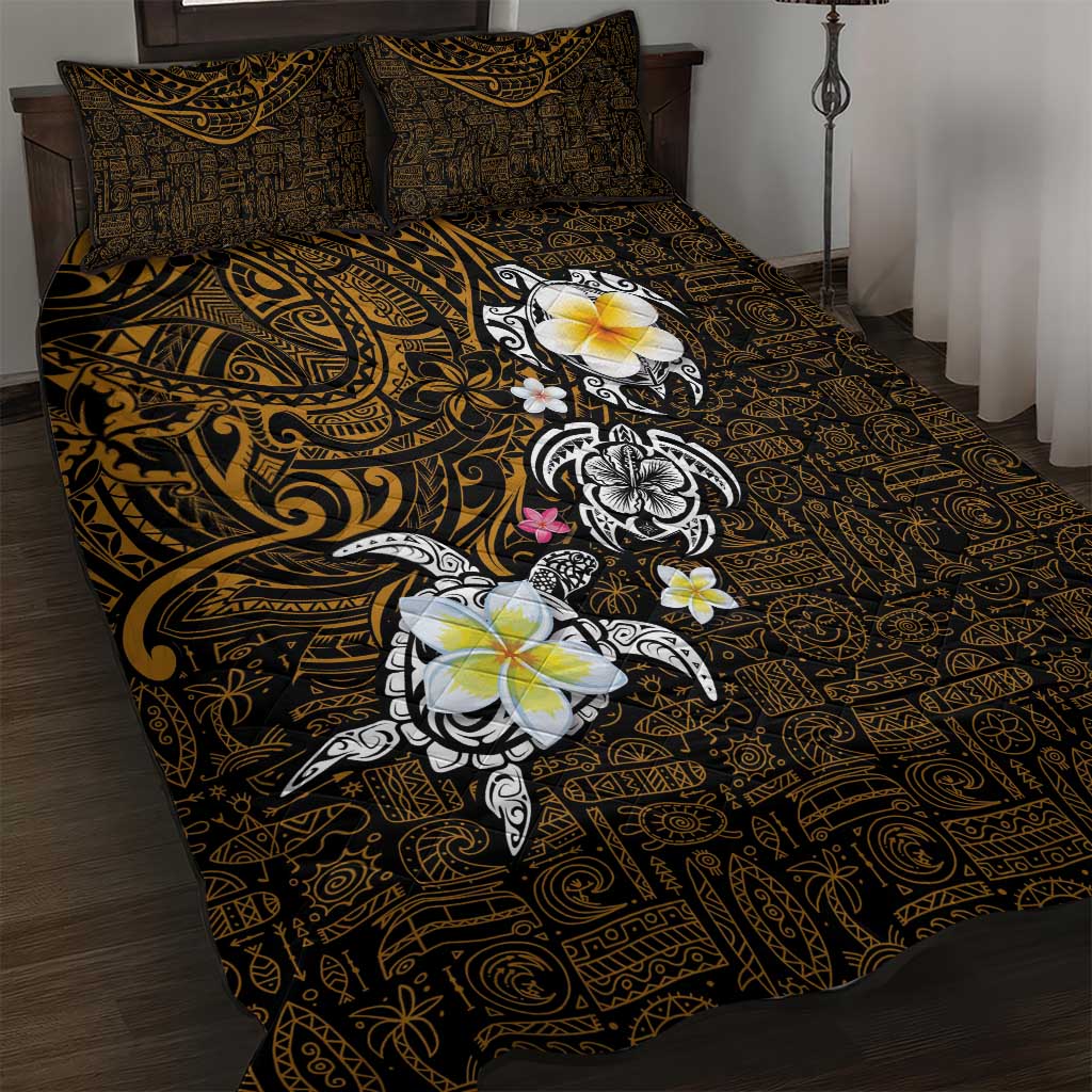 Hawaiian Turtle and Plumeria Quilt Bed Set Polynesian Tattoo and Tribal Elements Pattern Orange Color LT03 Orange - Polynesian Pride