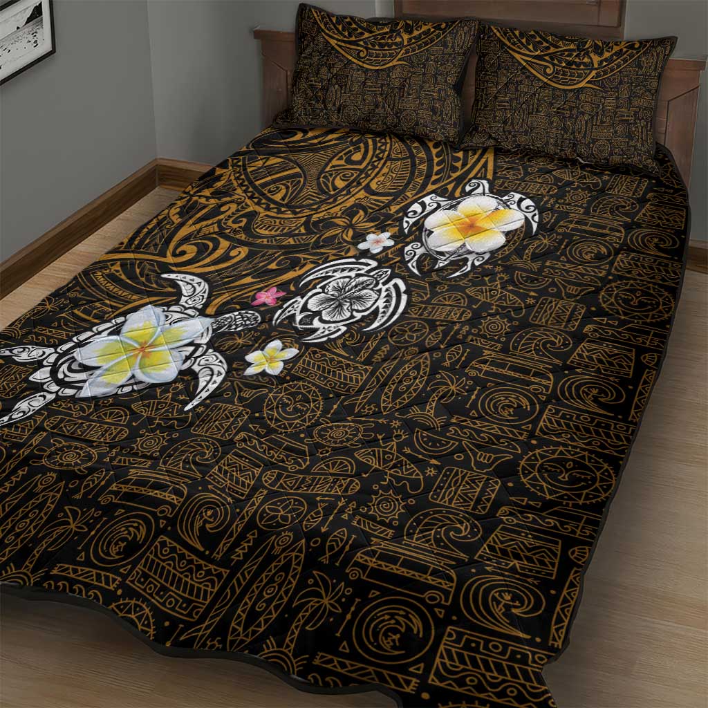 Hawaiian Turtle and Plumeria Quilt Bed Set Polynesian Tattoo and Tribal Elements Pattern Orange Color LT03 - Polynesian Pride