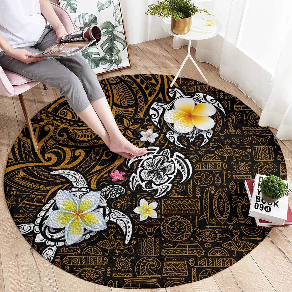 Hawaiian Turtle and Plumeria Round Carpet Polynesian Tattoo and Tribal Elements Pattern Orange Color LT03 - Polynesian Pride