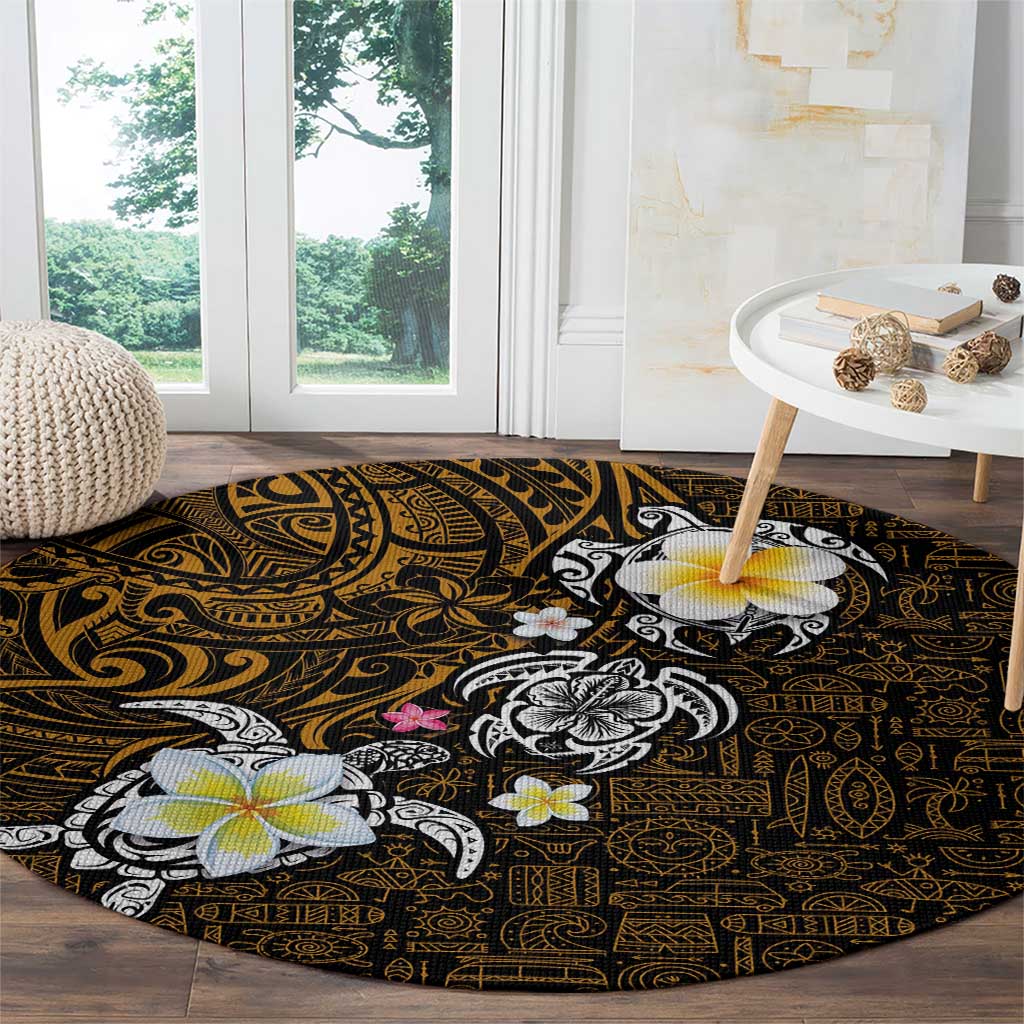 Hawaiian Turtle and Plumeria Round Carpet Polynesian Tattoo and Tribal Elements Pattern Orange Color LT03 - Polynesian Pride