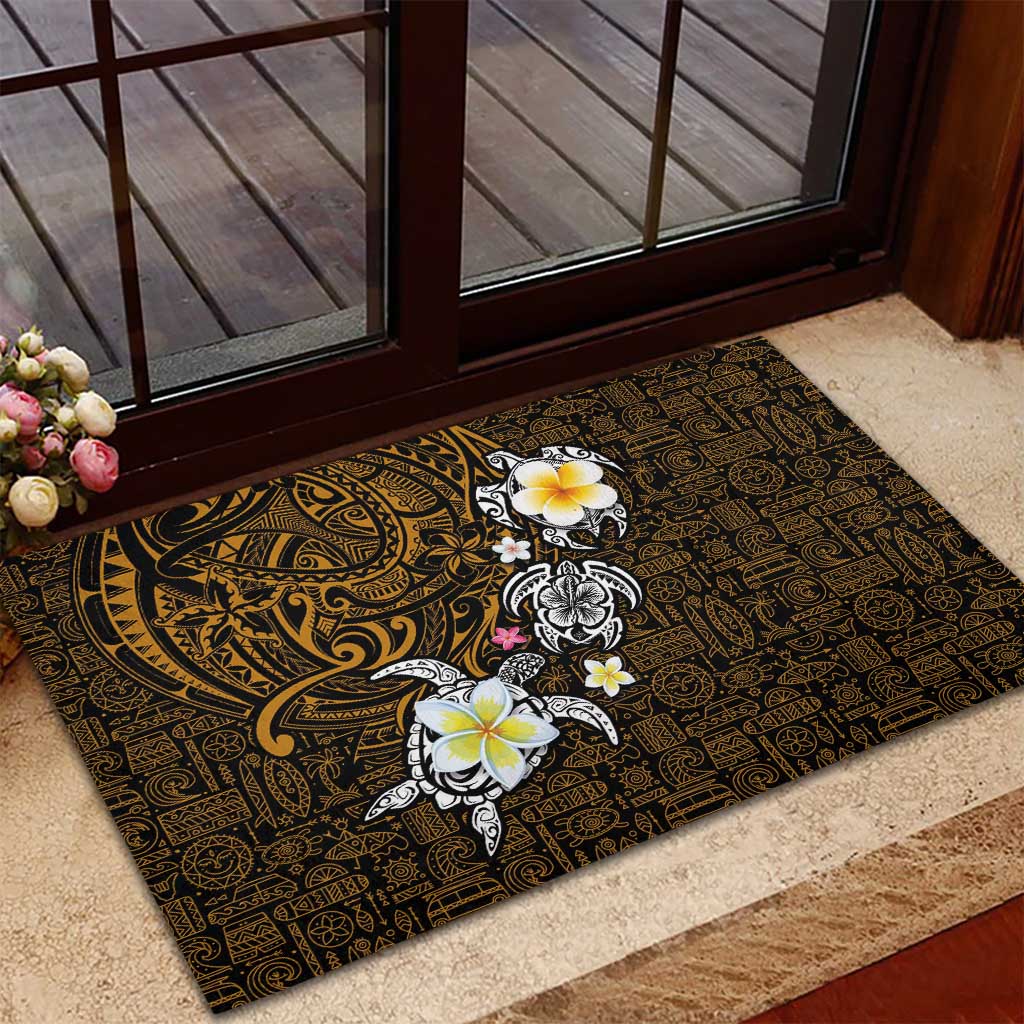 Hawaiian Turtle and Plumeria Rubber Doormat Polynesian Tattoo and Tribal Elements Pattern Orange Color LT03 - Polynesian Pride