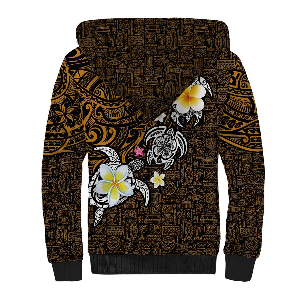Hawaiian Turtle and Plumeria Sherpa Hoodie Polynesian Tattoo and Tribal Elements Pattern Orange Color