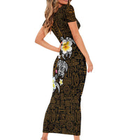 Hawaiian Turtle and Plumeria Short Sleeve Bodycon Dress Polynesian Tattoo and Tribal Elements Pattern Orange Color
