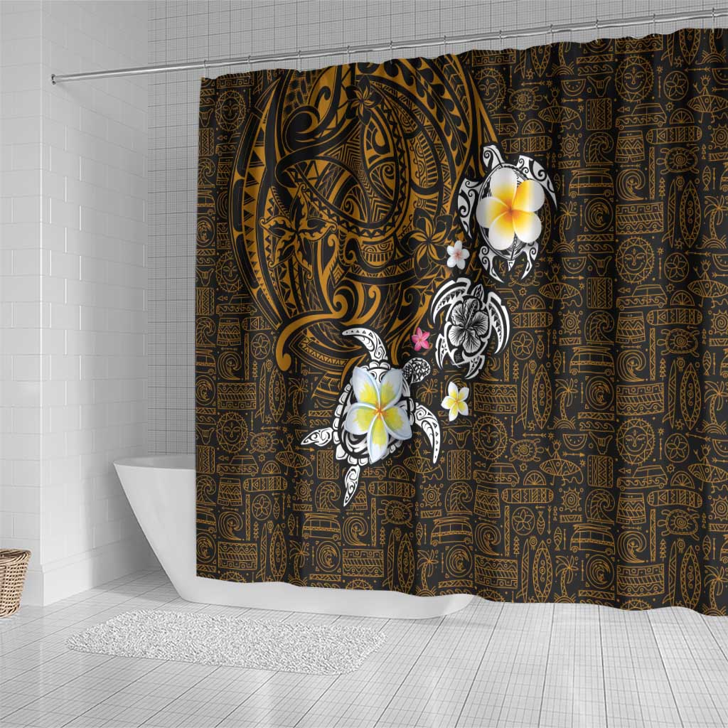 Hawaiian Turtle and Plumeria Shower Curtain Polynesian Tattoo and Tribal Elements Pattern Orange Color