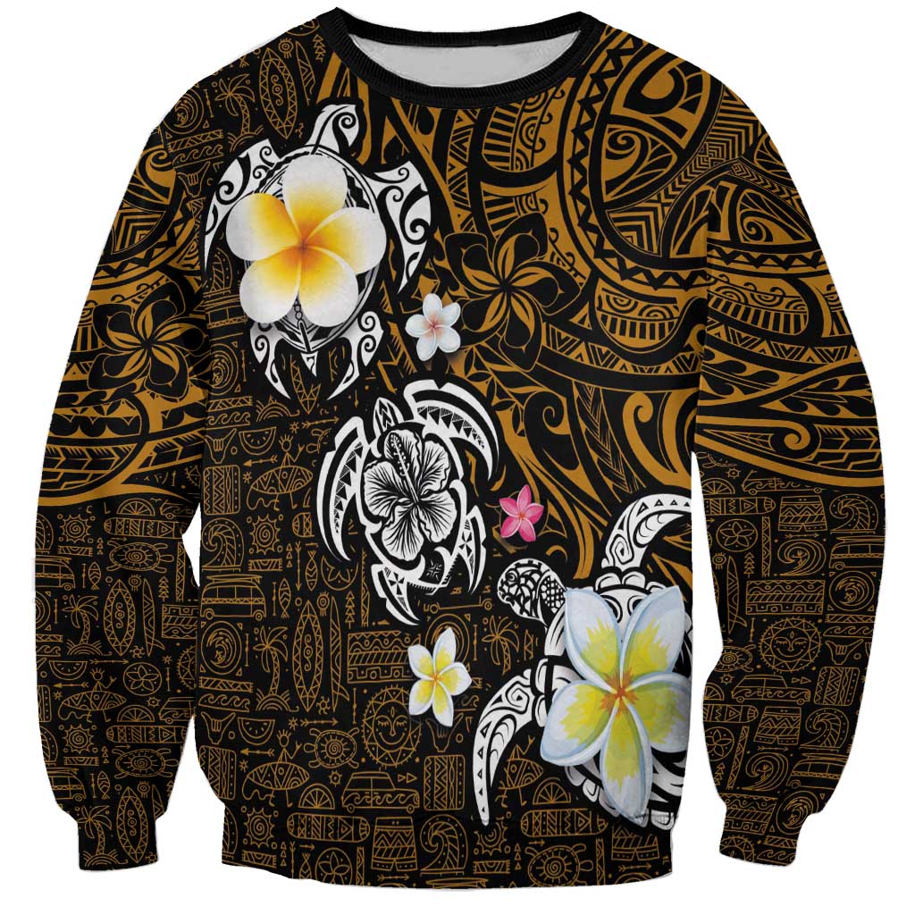Hawaiian Turtle and Plumeria Sweatshirt Polynesian Tattoo and Tribal Elements Pattern Orange Color