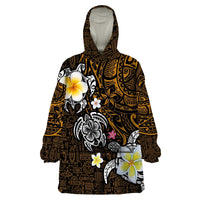 Hawaiian Turtle and Plumeria Wearable Blanket Hoodie Polynesian Tattoo and Tribal Elements Pattern Orange Color
