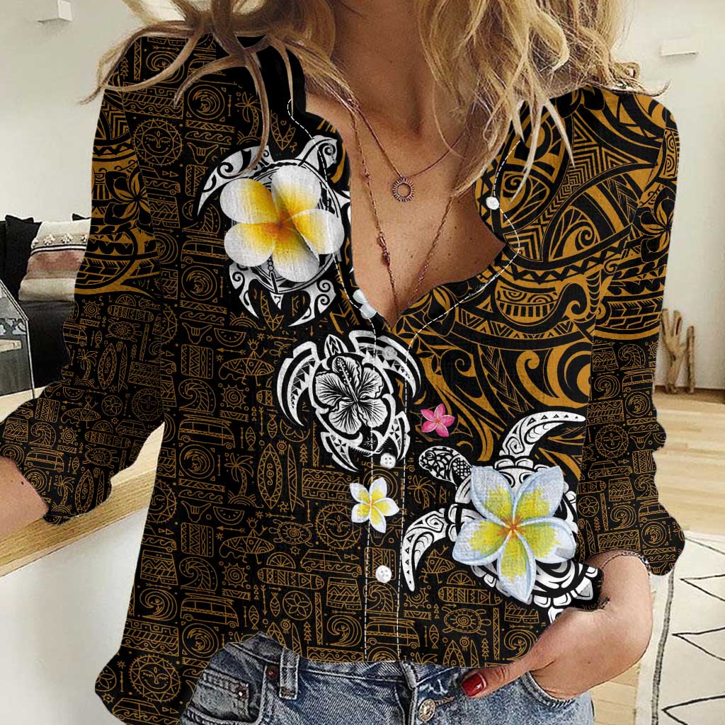 Hawaiian Turtle and Plumeria Women Casual Shirt Polynesian Tattoo and Tribal Elements Pattern Orange Color