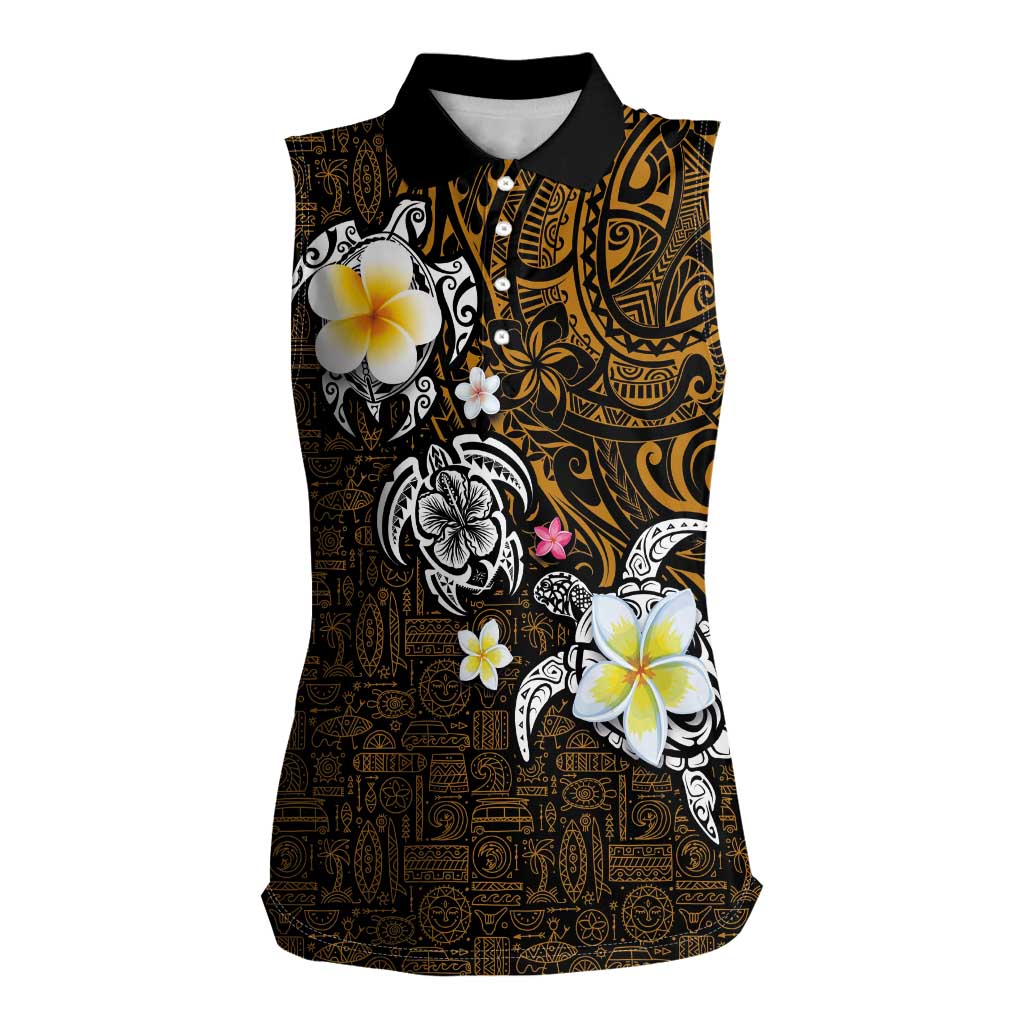 Hawaiian Turtle and Plumeria Women Sleeveless Polo Shirt Polynesian Tattoo and Tribal Elements Pattern Orange Color