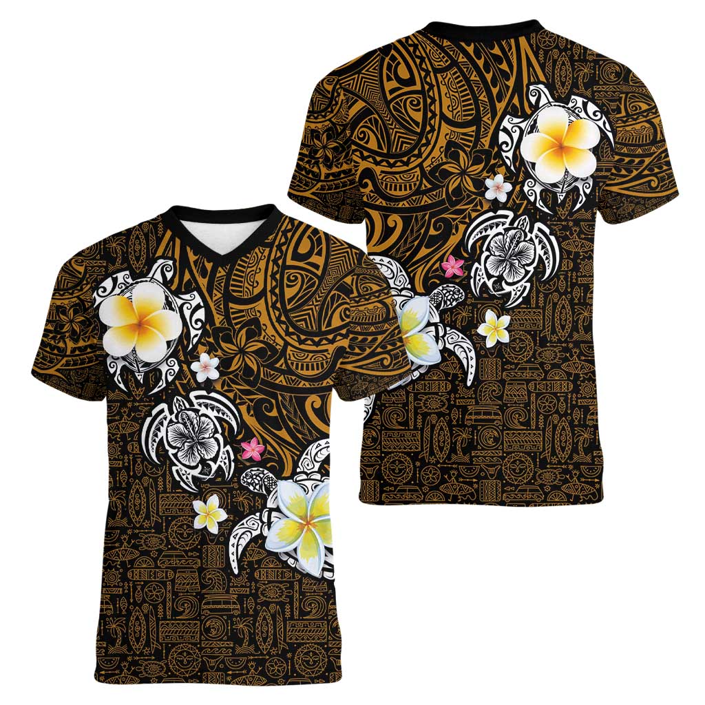 Hawaiian Turtle and Plumeria Women V-Neck T-Shirt Polynesian Tattoo and Tribal Elements Pattern Orange Color