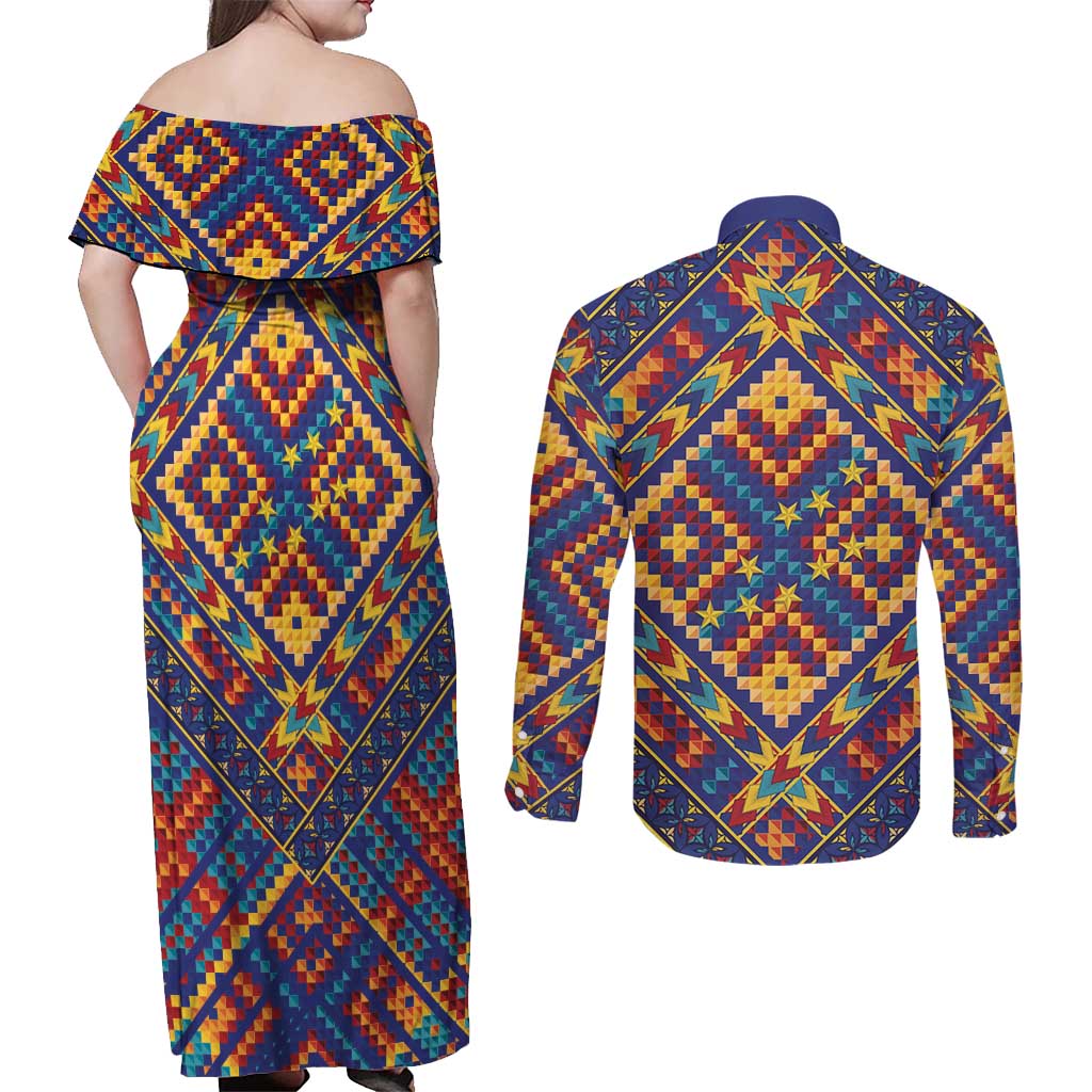 Kolose-Tuvalu Crochet Couples Matching Off Shoulder Maxi Dress and Long Sleeve Button Shirt with Polynesian and Pacific Tattoos - Polynesian Pride