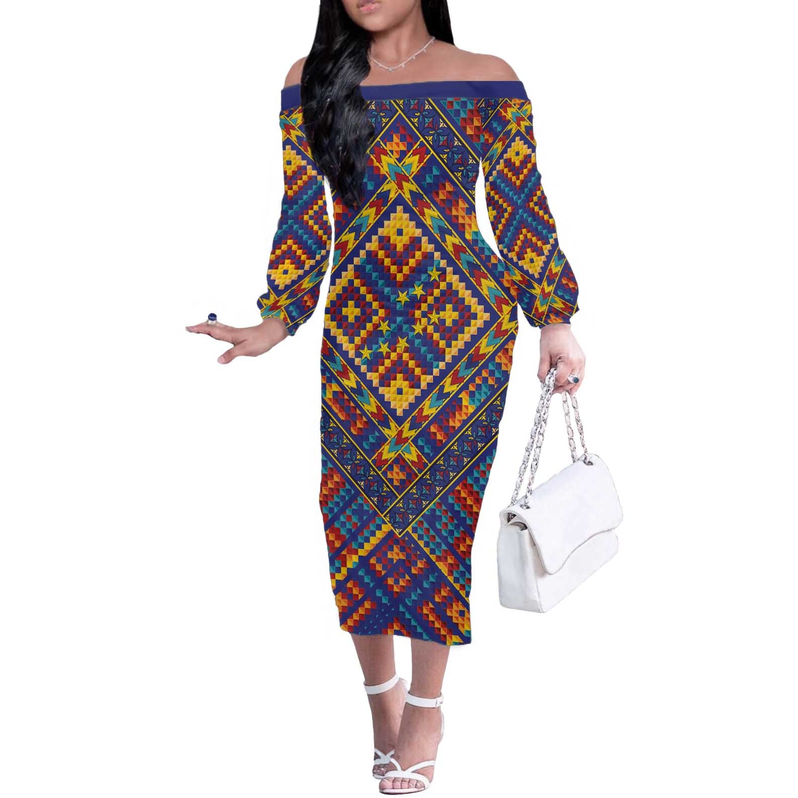 Kolose-Tuvalu Crochet Off The Shoulder Long Sleeve Dress with Polynesian and Pacific Tattoos - Polynesian Pride