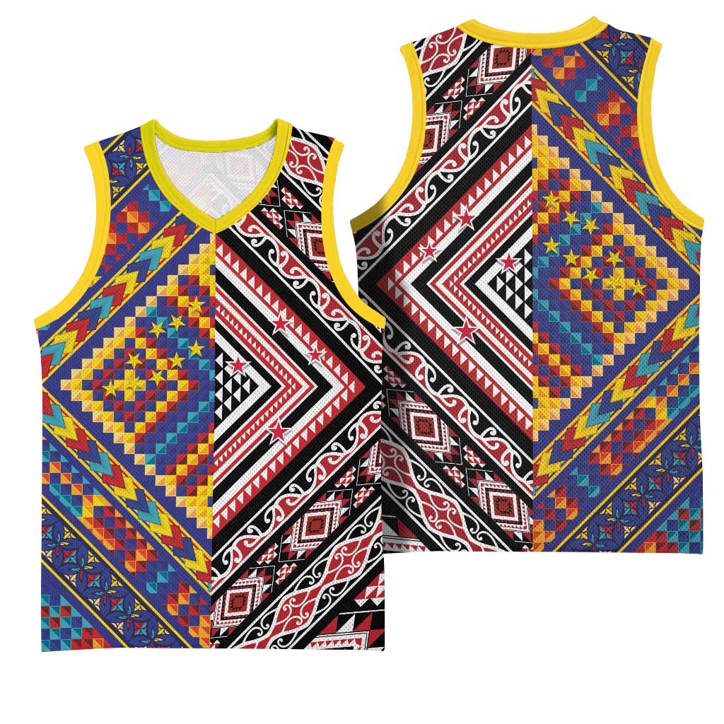 Tuvaluan and New Zealand Culture Basketball Jersey The Art of Kolose and Taniko - Polynesian Pride