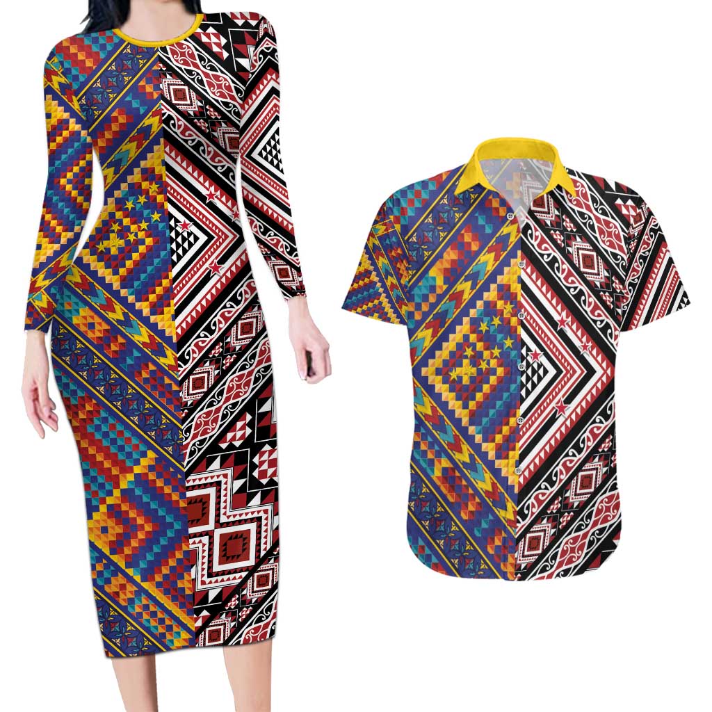 Tuvaluan and New Zealand Culture Couples Matching Long Sleeve Bodycon Dress and Hawaiian Shirt The Art of Kolose and Taniko - Polynesian Pride