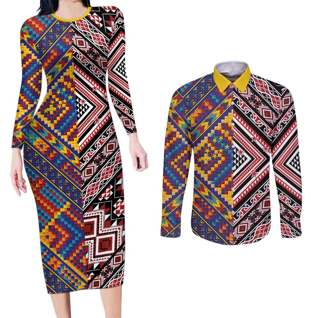 Tuvaluan and New Zealand Culture Couples Matching Long Sleeve Bodycon Dress and Long Sleeve Button Shirt The Art of Kolose and Taniko - Polynesian Pride