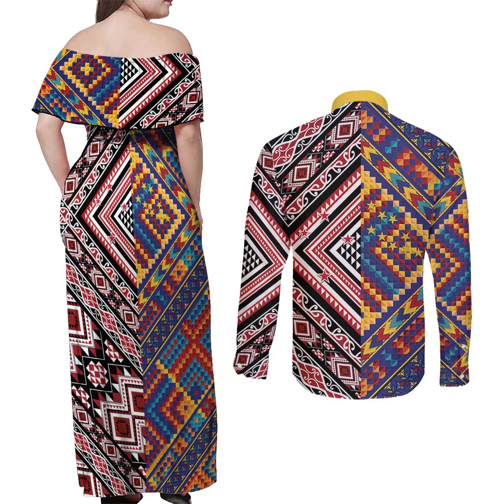 Tuvaluan and New Zealand Culture Couples Matching Off Shoulder Maxi Dress and Long Sleeve Button Shirt The Art of Kolose and Taniko - Polynesian Pride