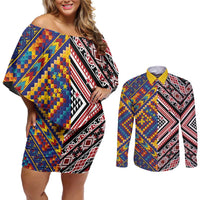 Tuvaluan and New Zealand Culture Couples Matching Off Shoulder Short Dress and Long Sleeve Button Shirt The Art of Kolose and Taniko - Polynesian Pride