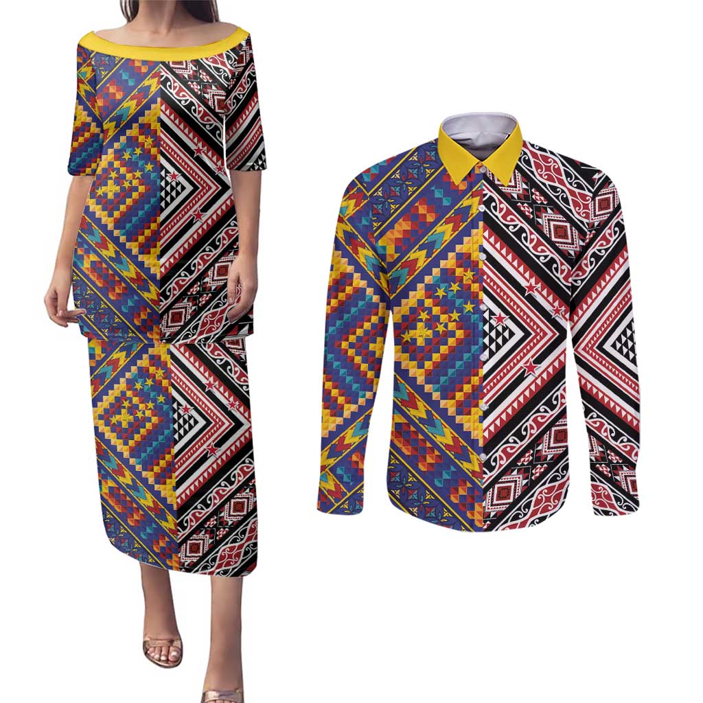 Tuvaluan and New Zealand Culture Couples Matching Puletasi and Long Sleeve Button Shirt The Art of Kolose and Taniko - Polynesian Pride